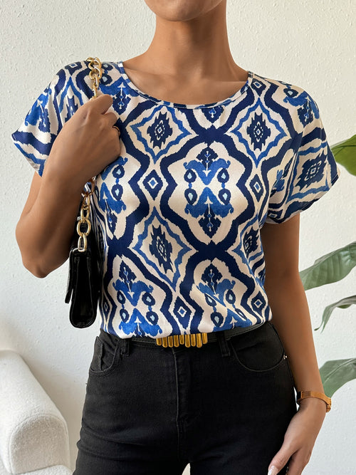 Honey Printed Round Neck Short Sleeve Blouse