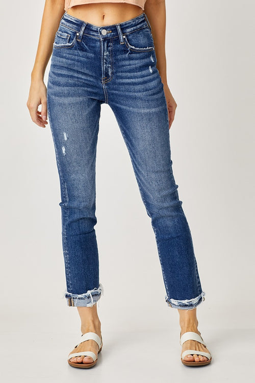 Risen Full Size High-Rise Frayed Cuffed Straight Jeans