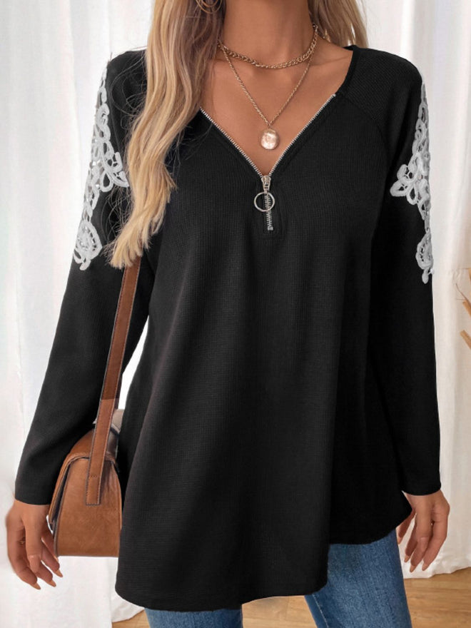 Perfee Lace Detail Quarter Zip Long Sleeve Top