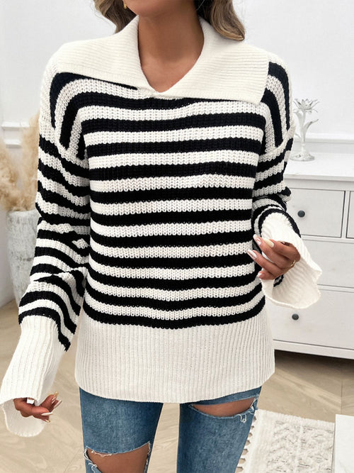 Devine Striped Collared Neck Long Sleeve Sweater