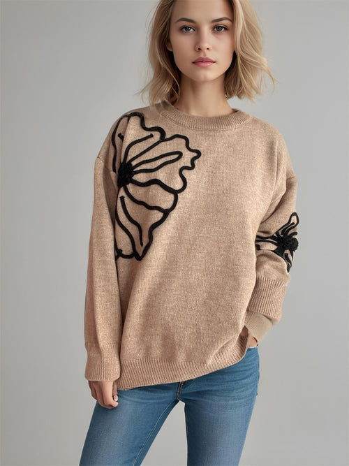 Flower Round Neck Long Sleeve Sweater