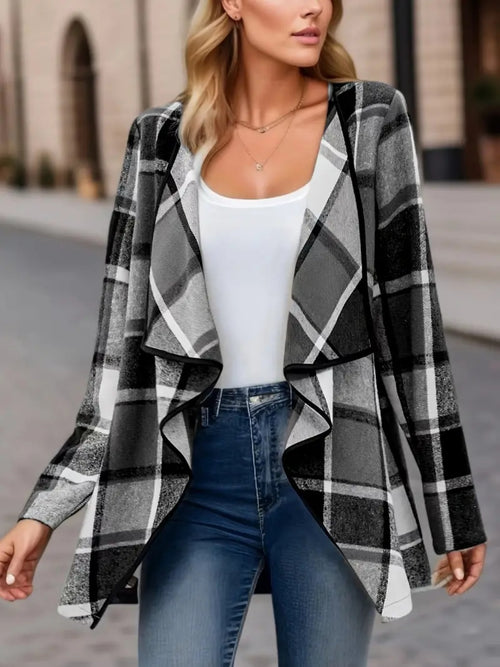 Plaid Open Front Long Sleeve Jacket