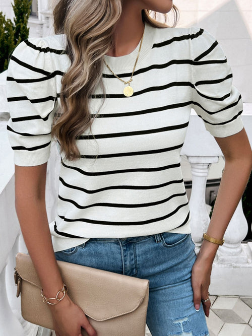 Devine Striped Round Neck Puff Sleeve Knit Top