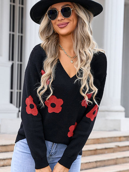 Angel Wings Flower V-Neck Long Sleeve Sweater