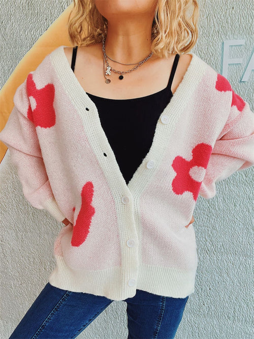 Flower Button Down V-Neck Long Sleeve Cardigan