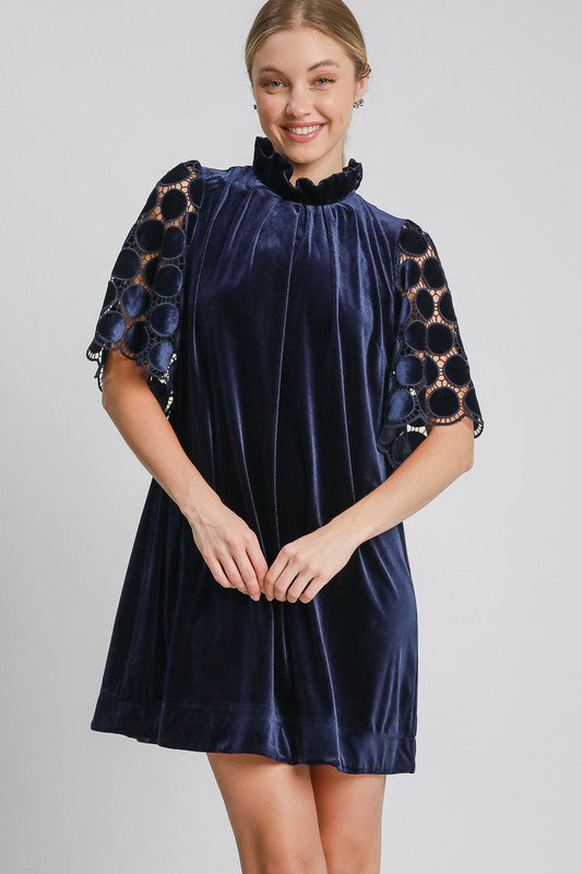 Umgee Dotted Lace Half Sleeve Mock Neck Back Tie Velvet Dress