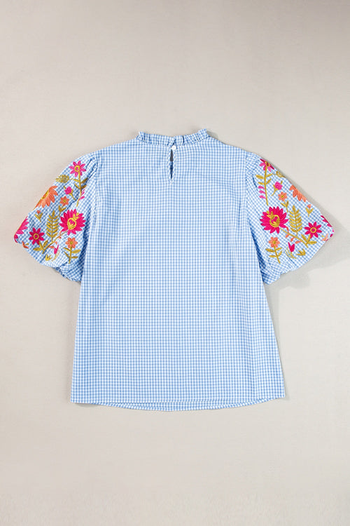 Embroidered Plaid Round Neck Short Sleeve Blouse