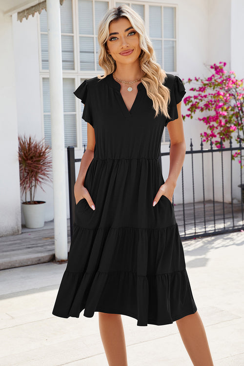 Ruched Notched Cap Sleeve Dress