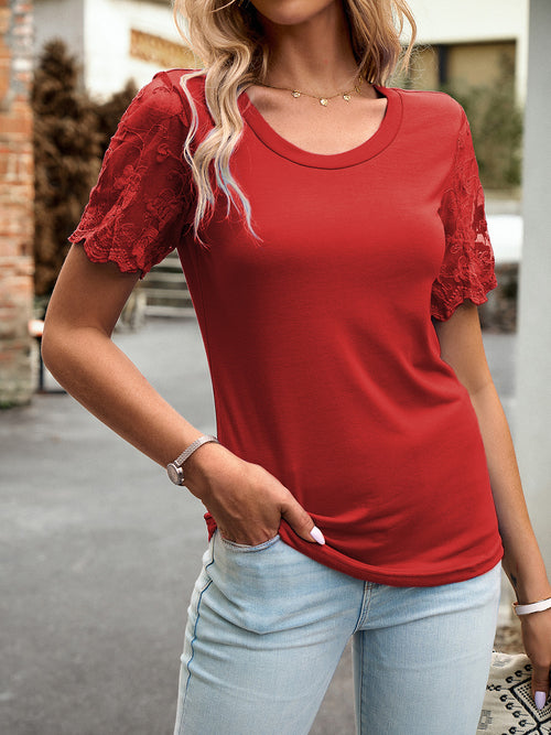 Devine Lace Detail Round Neck Short Sleeve T-Shirt