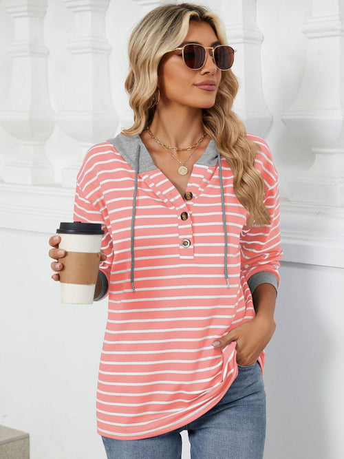 Drawstring Striped Long Sleeve Hoodie