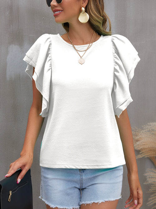 FAM-FAM Round Neck Flounce Sleeve Blouse