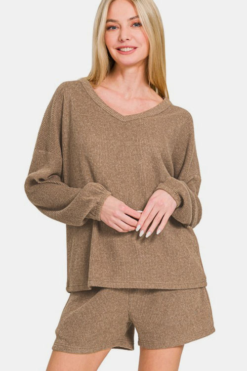 Zenana V-Neck Long Sleeve Ribbed Top and Shorts Set