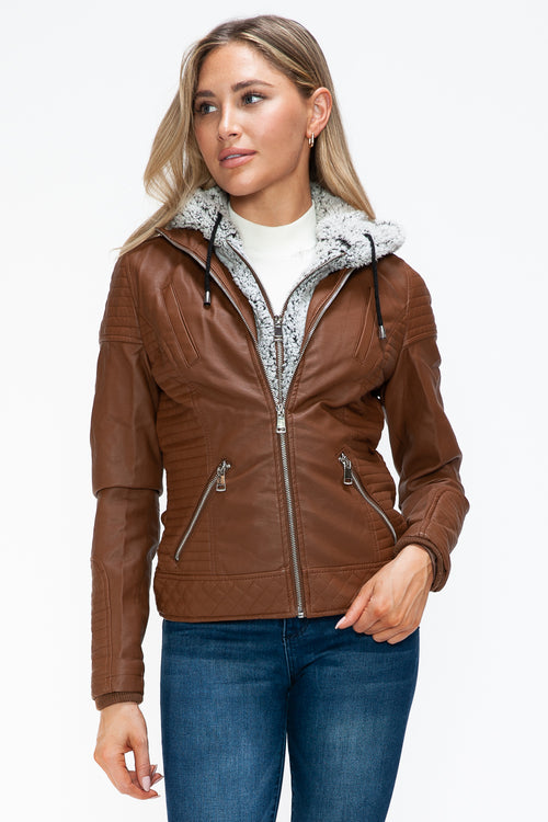 YMI Faux Layered Double-Zipper Jacket with Fuzzy Hood