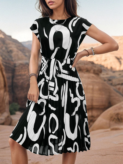 Perfee Printed Cap Sleeve Tie Waist Dress