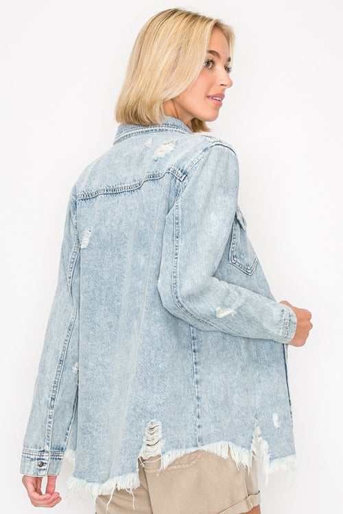 RISEN Button Up Distressed Denim Shirt