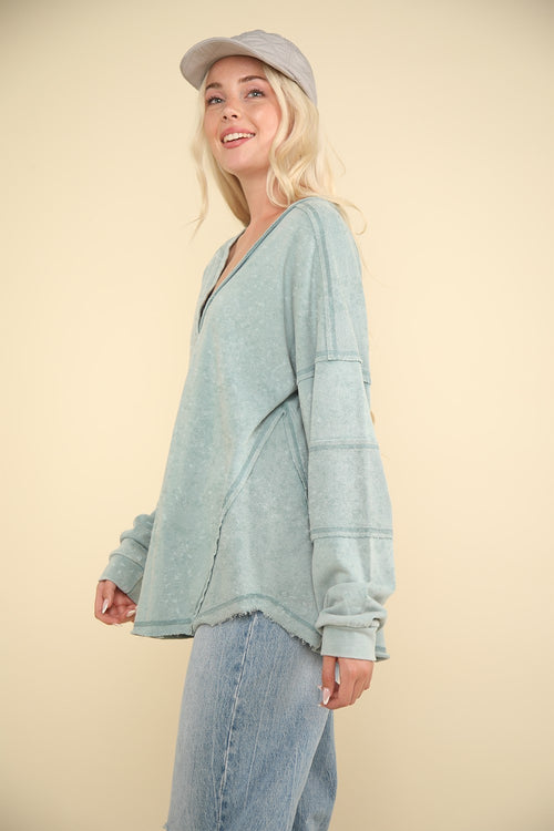 VERY J Washed V-Neck Exposed Seam Knit Top