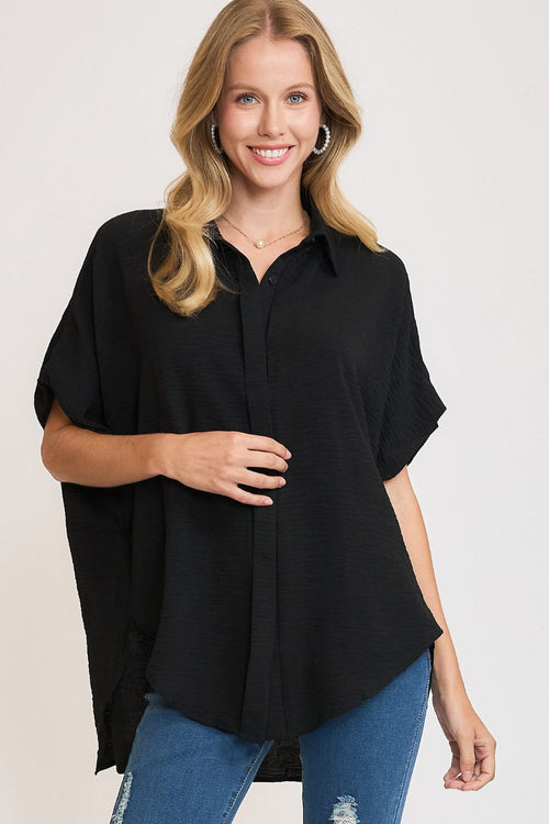 Umgee Full Size High-Low Button Up Short Sleeve Shirt