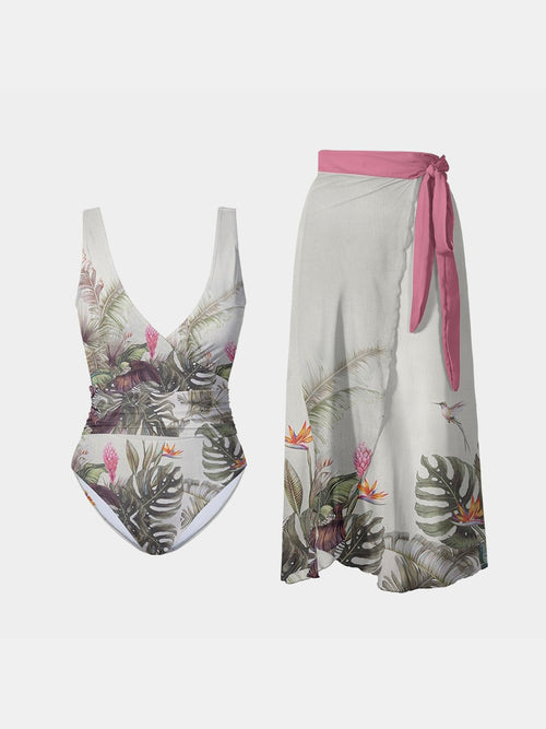 FAM-FAM Printed Surplice Wide Strap Swimwear and Skirt Swim Set