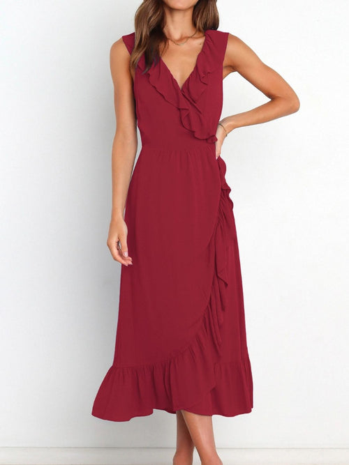 Ruffled Surplice Sleeveless Midi Dress