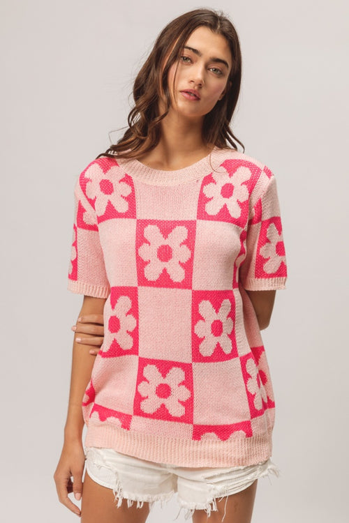 BiBi Flower Checker Pattern Short Sleeve Sweater