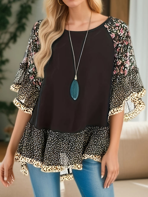 Full Size Frill Printed Round Neck Half Sleeve Blouse