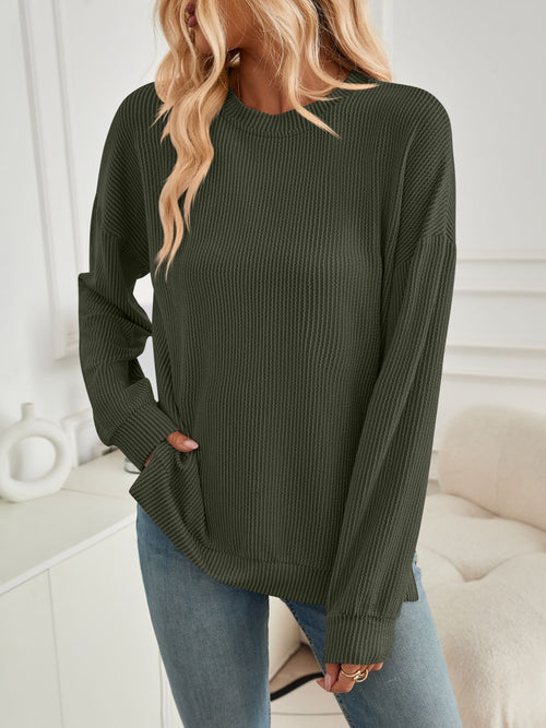 Lovelet Slit Round Neck Long Sleeve Sweatshirt