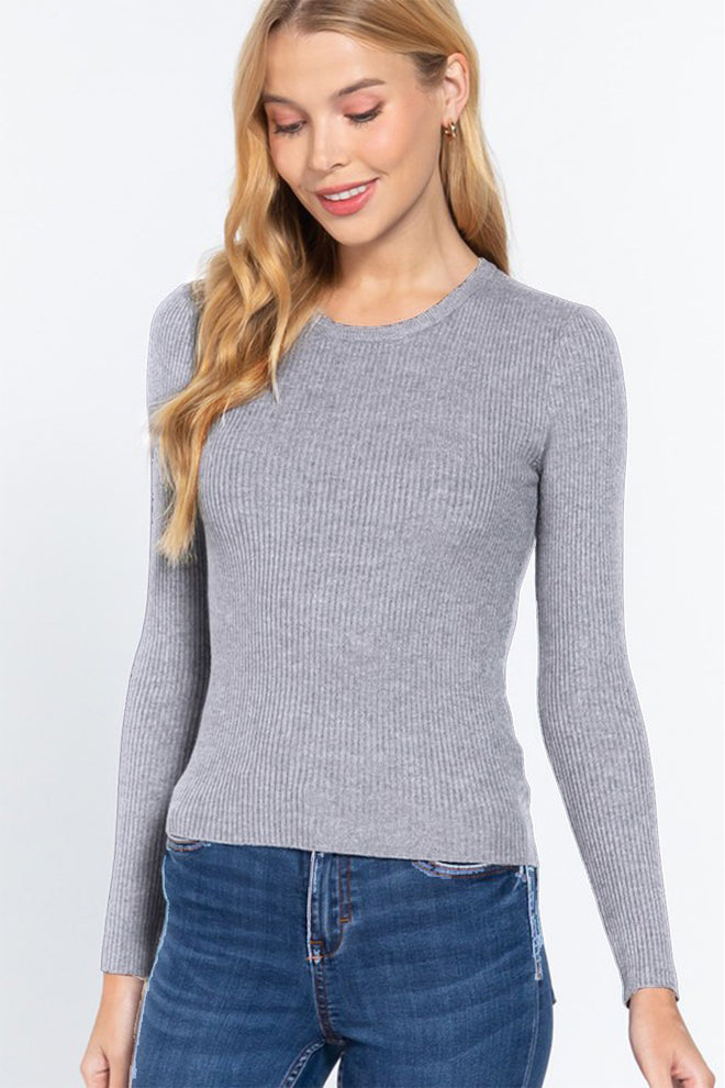 ACTIVE BASIC Full Size Ribbed Round Neck Long Sleeve Knit Top