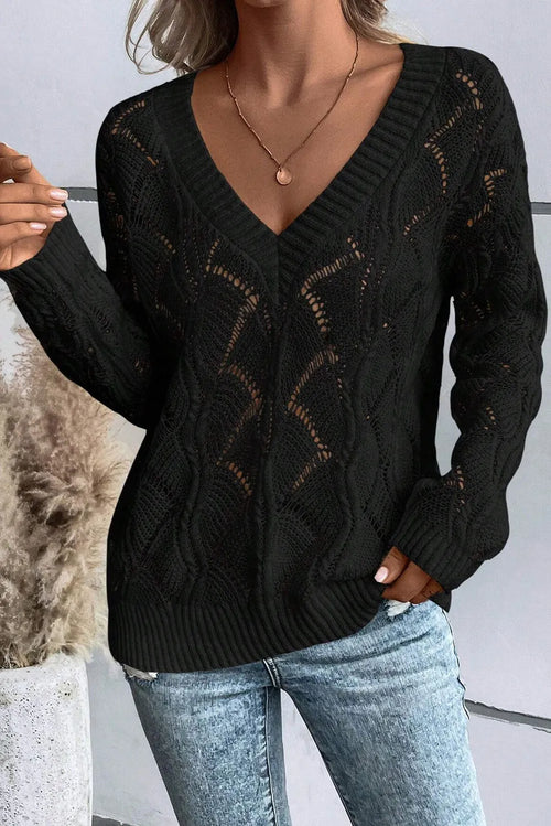 Openwork V-Neck Long Sleeve Sweater