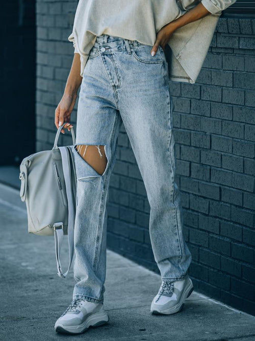 Distressed Asymmetric Waist Jeans