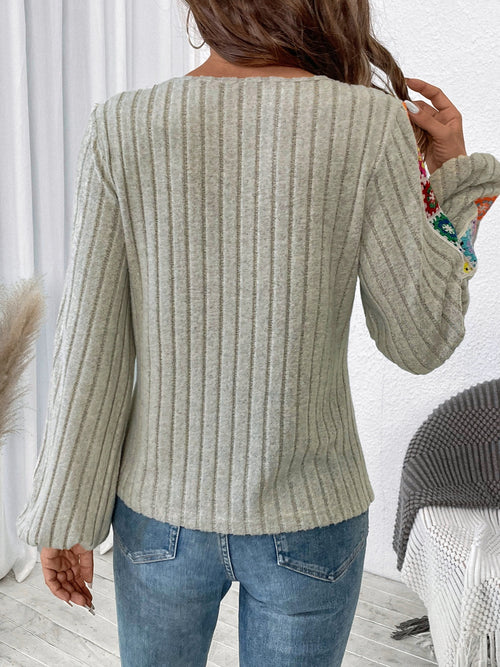 Embroidered Round Neck Long Sleeve Top