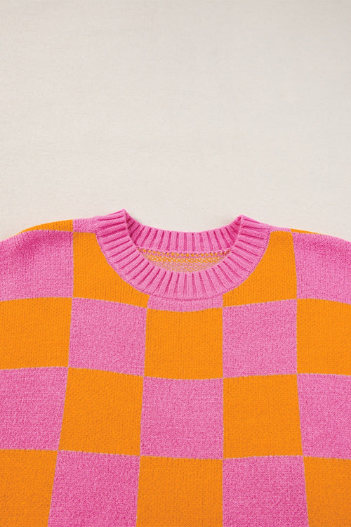 Checkered Round Neck Short Sleeve Sweater