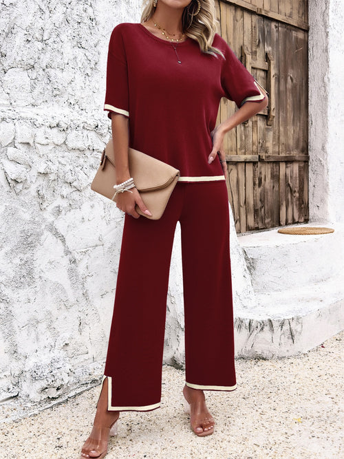 Devine Contrast Trim Round Neck Top and Pants Set