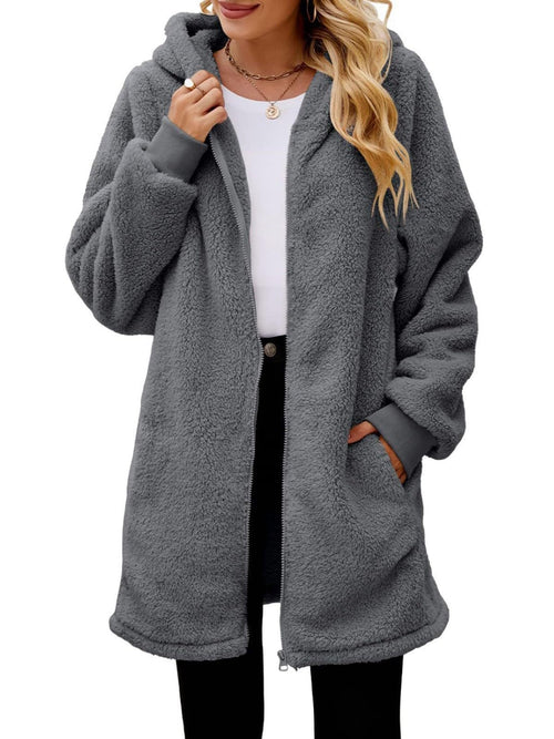 Fuzzy Pocketed Zip Up Long Sleeve Hooded Jacket