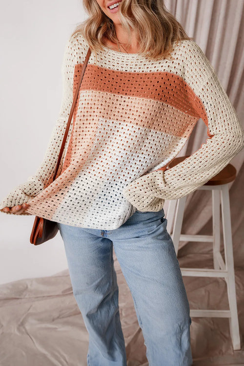 Openwork Color Block Long Sleeve Knit Top