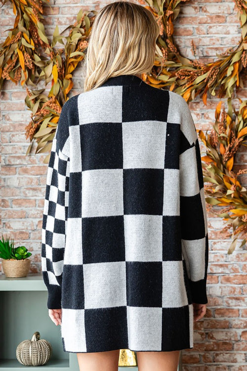 First Love Checkered Open Front Long Sleeve Cardigan