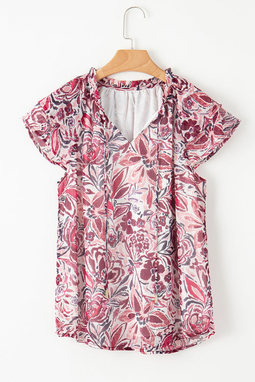 Printed Tie Neck Cap Sleeve Blouse