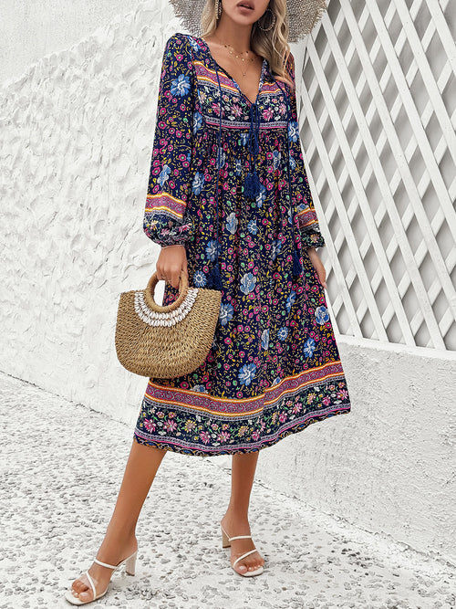 Devine Tassel Tied Printed Long Sleeve Dress