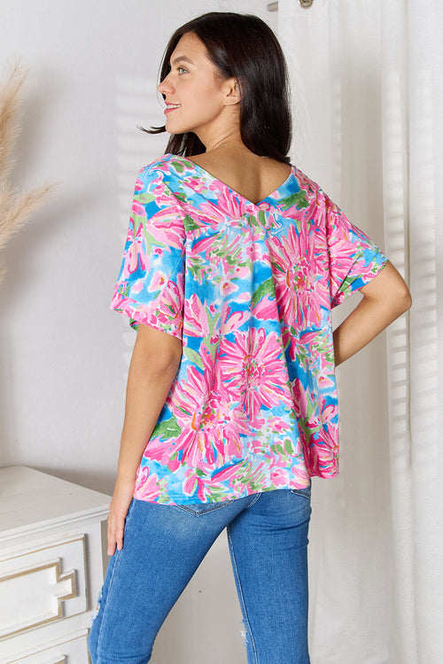 Double Take Floral V-Neck Short Sleeve Blouse