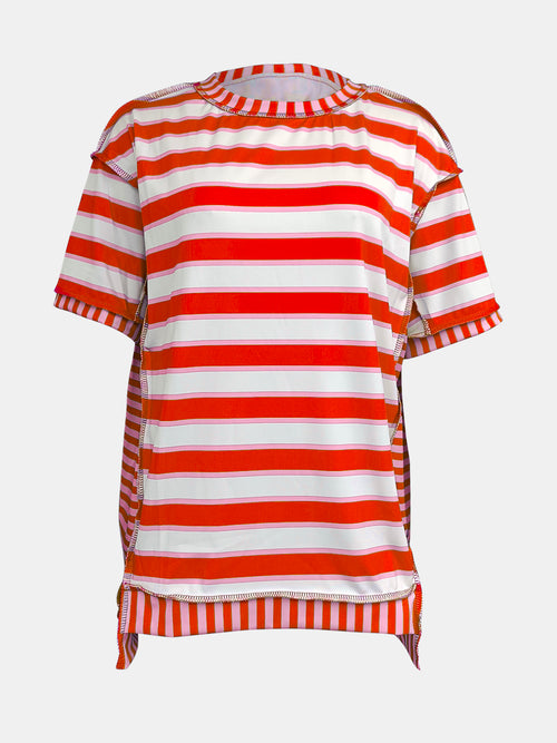 Full Size Contrast Stitching Striped Round Neck T-Shirt