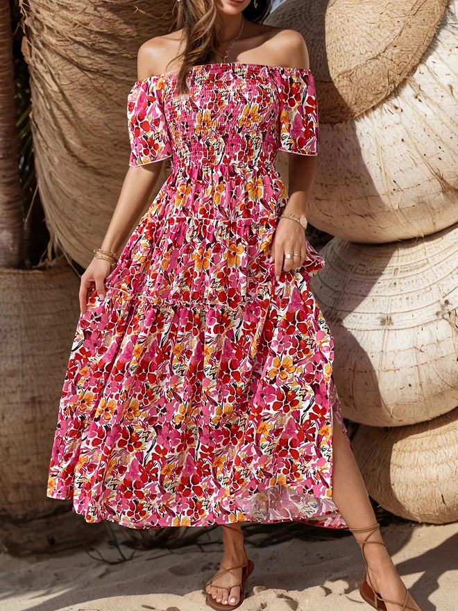 Perfee Slit Floral Off-Shoulder Short Sleeve Dress