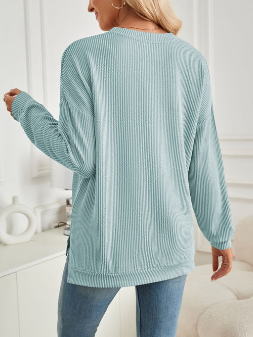 Lovelet Slit Round Neck Long Sleeve Sweatshirt