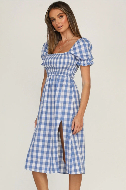 Full Size Slit Plaid Short Sleeve Midi Dress