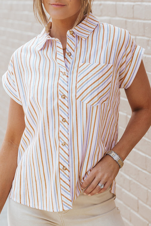 Pocketed Striped Collared Neck Short Sleeve Shirt