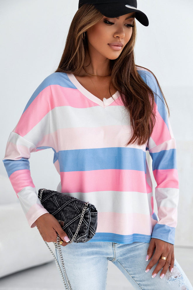 Color Block V-Neck Long Sleeve T-Shirt