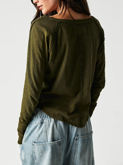 Exposed Seam Notched Long Sleeve T-Shirt