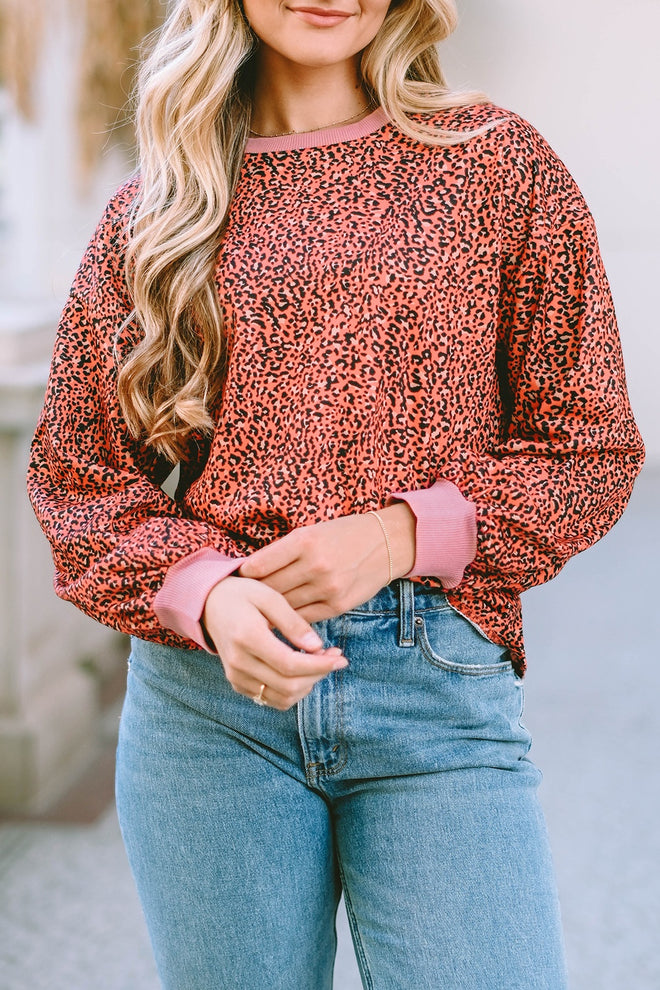 Leopard Round Neck Long Sleeve Sweatshirt