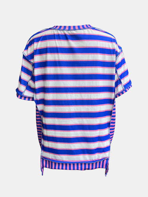 Full Size Contrast Stitching Striped Round Neck T-Shirt