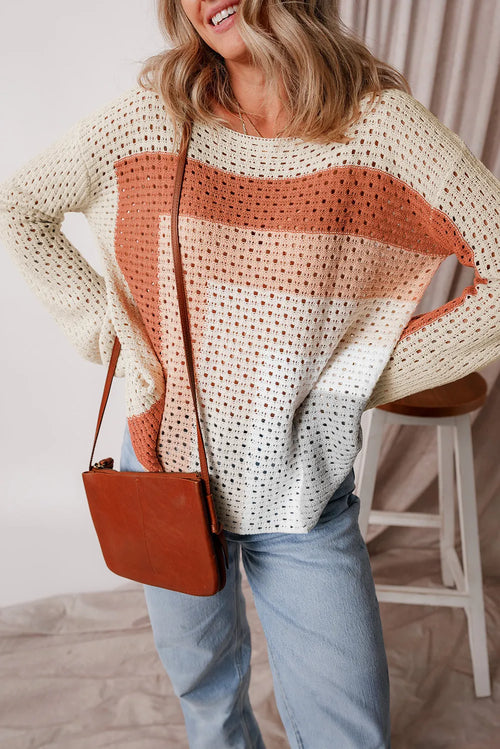 Openwork Color Block Long Sleeve Knit Top