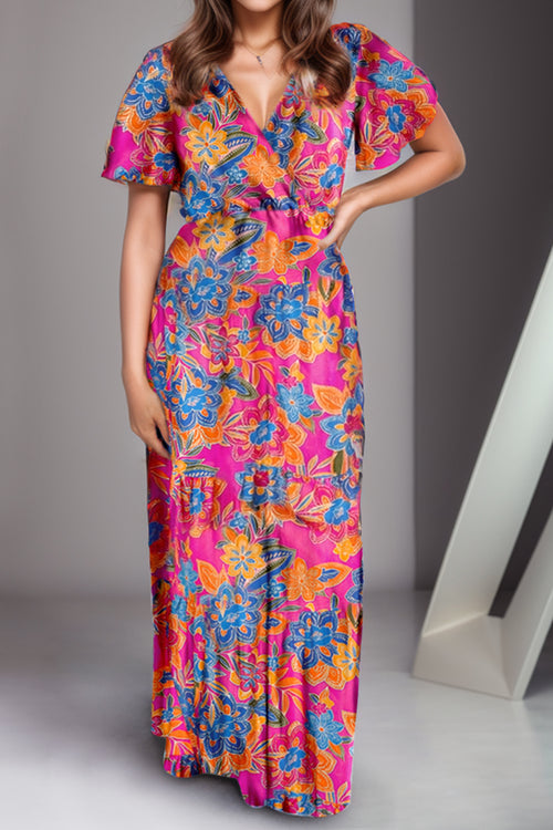 Printed Surplice Short Sleeve Maxi Dress