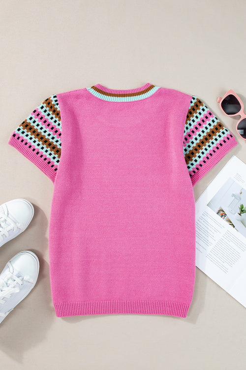 Contrast Round Neck Short Sleeve Knit Top